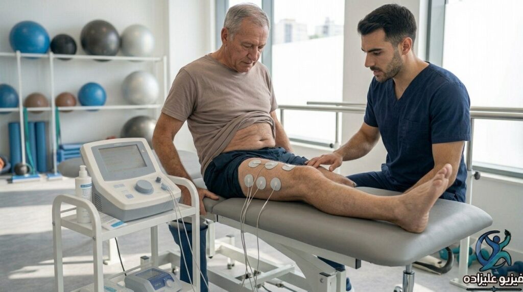 برق فیزیوتراپی الکتروتراپی دیسک کمر دیسک گردن آرتروز الکترود روی پوست بیمار