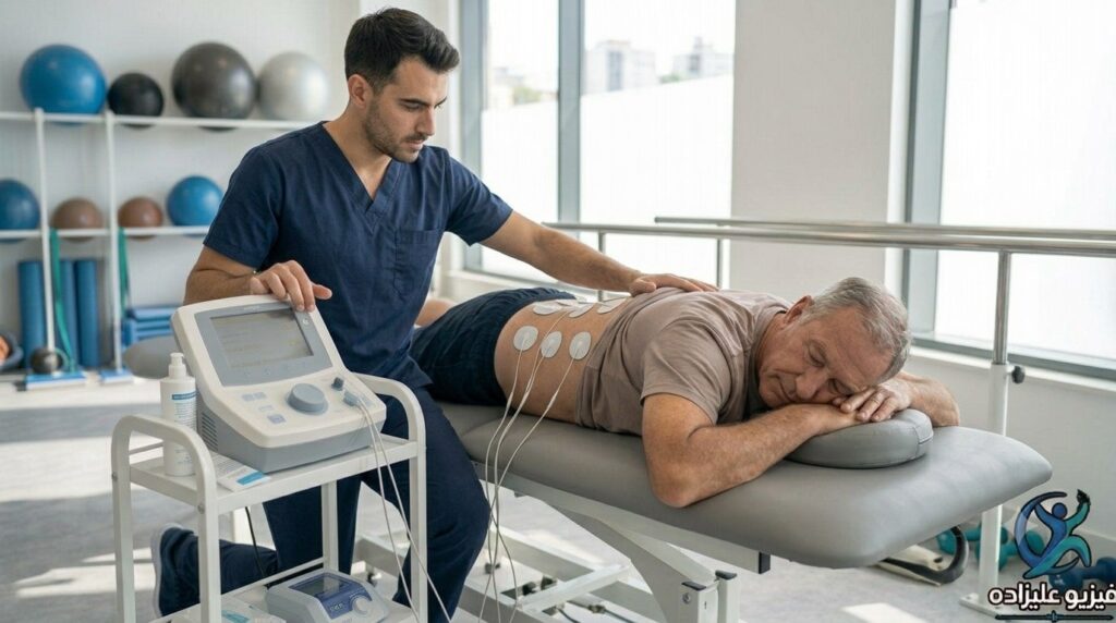 برق فیزیوتراپی الکتروتراپی دیسک کمر دیسک گردن آرتروز الکترود روی پوست بیمار