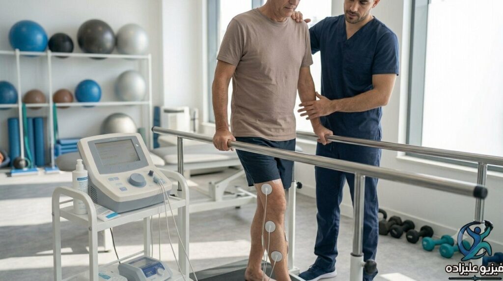 برق فیزیوتراپی الکتروتراپی دیسک کمر دیسک گردن آرتروز الکترود روی پوست بیمار