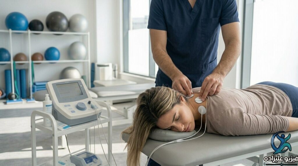 برق فیزیوتراپی الکتروتراپی دیسک کمر دیسک گردن آرتروز الکترود روی پوست بیمار