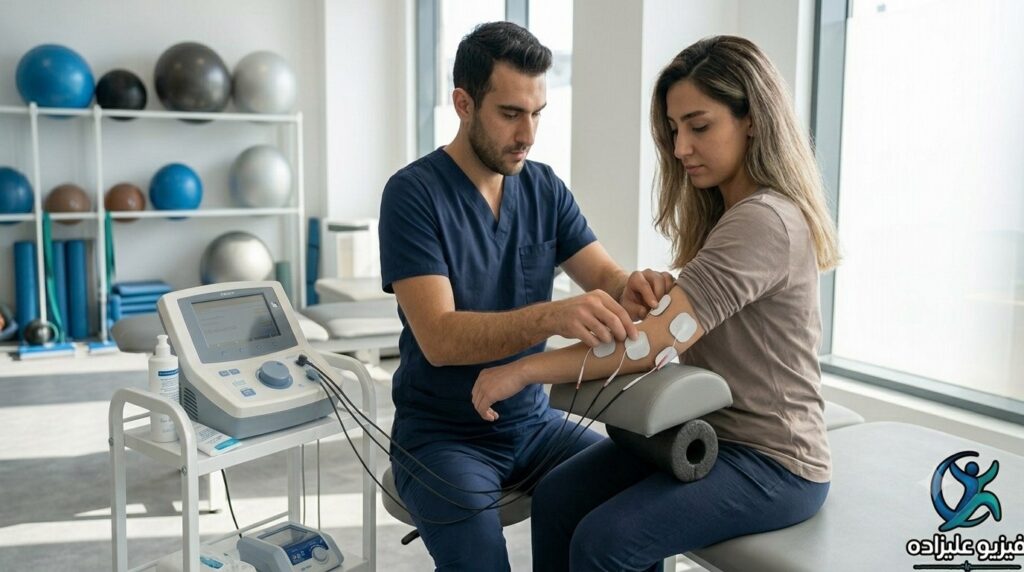 برق فیزیوتراپی الکتروتراپی دیسک کمر دیسک گردن آرتروز الکترود روی پوست بیمار